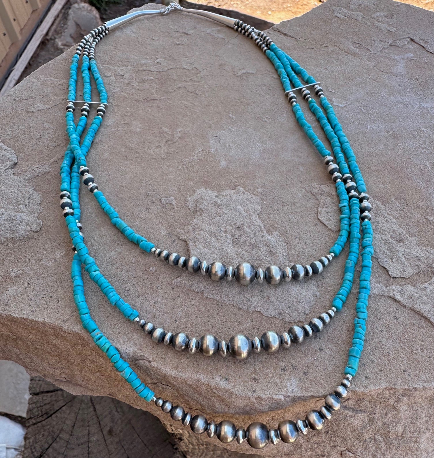 Three Strands Turquoise Bead Necklace 19" - Image 4