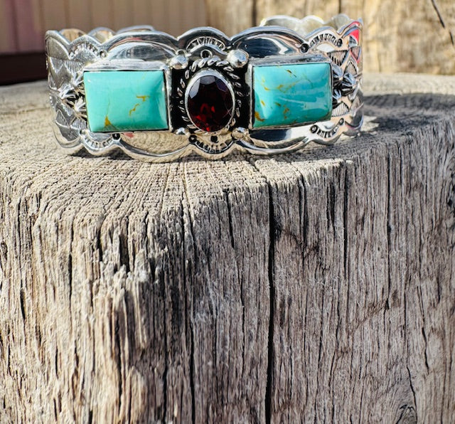 Turquoise and Garnet Scalloped Cuff