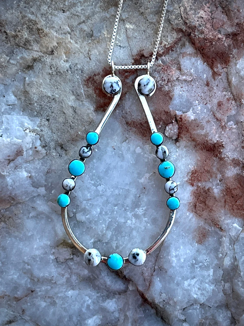 Turquoise and White Buffalo Silver Ring Holder Necklace - Image 3