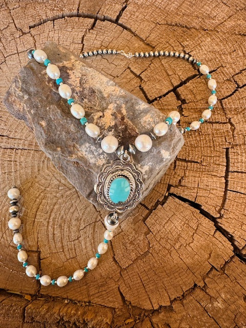Turquoise and Pearl Lariat