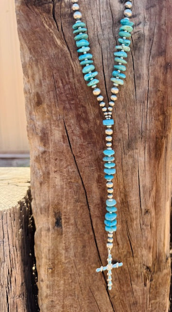 "Turquoise Blessings" Navajo Pearl and Turquoise Necklace - Image 2