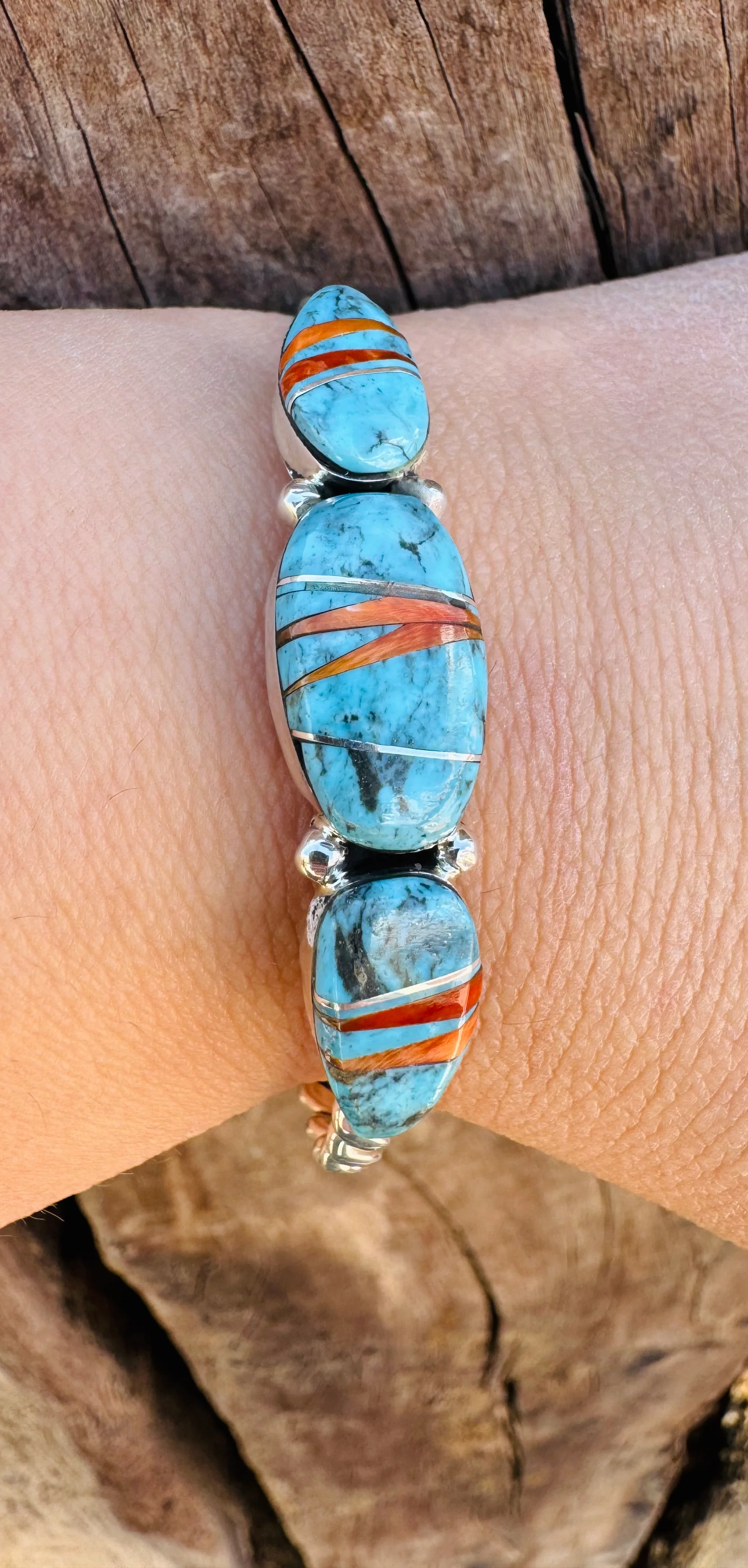Turquoise Inlay Tri Stone Cuff - Image 2