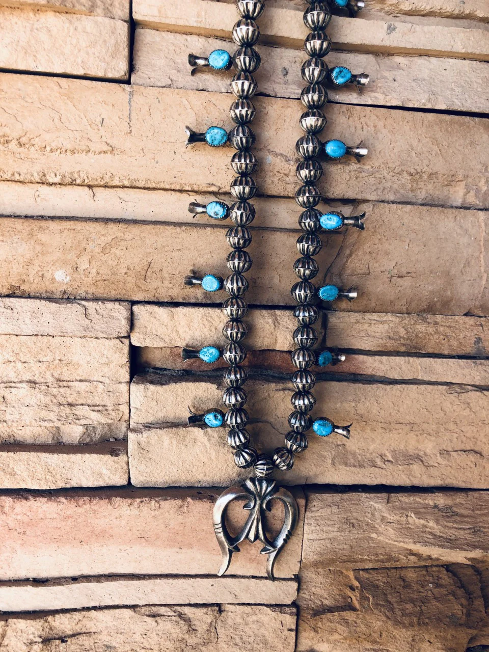 Unique Stamped Navajo Pearl with Kingman Turquoise Squash Blossom - Image 4