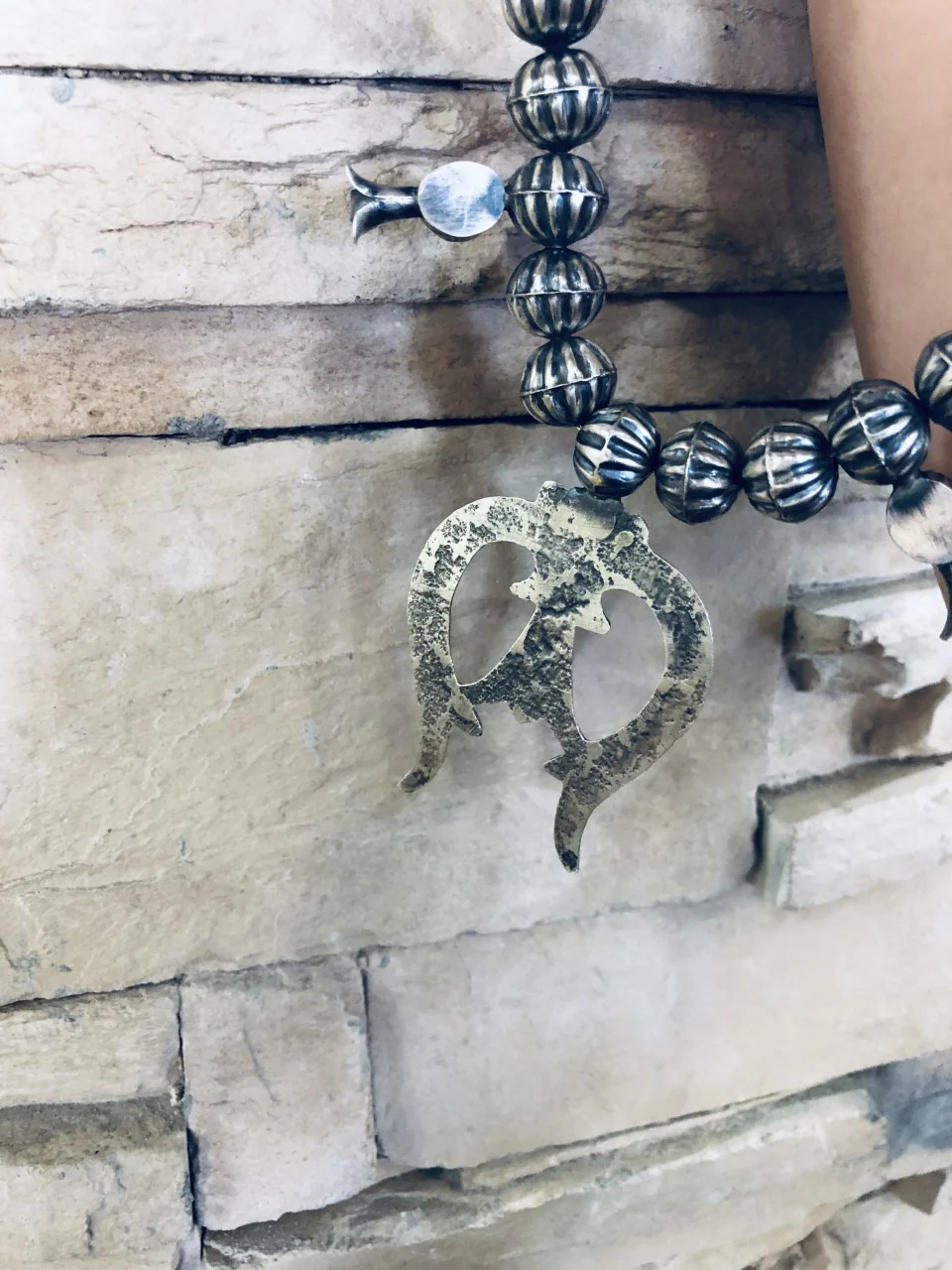 Unique Stamped Navajo Pearl with Kingman Turquoise Squash Blossom - Image 5