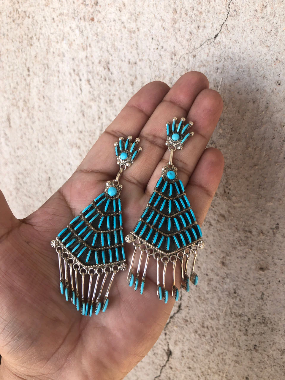 Zuni Sleeping Beauty Inlaid Chandelier Earrings Artist Bernadette Wyaco - Image 3